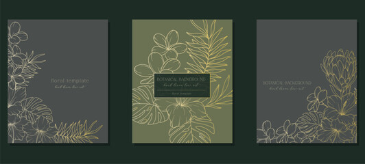 Tropical Flowers Outline. Line Art Tropical Plants. Botanical Background with trendy minimalist tropical plants and flowers. Luxury Floral Line Art Illustration. © Xenia