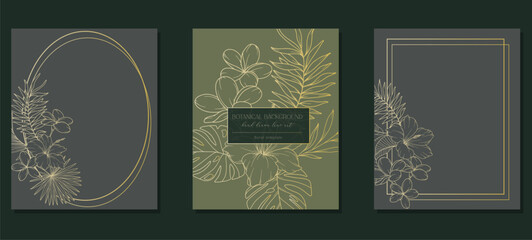 Tropical Flowers Outline. Line Art Tropical Plants. Botanical Background with trendy minimalist tropical plants and flowers. Luxury Floral Line Art Illustration.