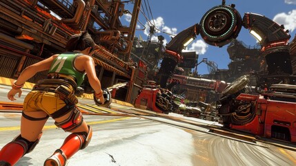 Action Packed Video Game Scene: Futuristic Racer in a Post-Apocalyptic Setting