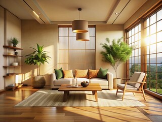 Fototapeta premium Sunlit Minimalist Empty Room: Spacious Japandi Interior Design Stock Photo