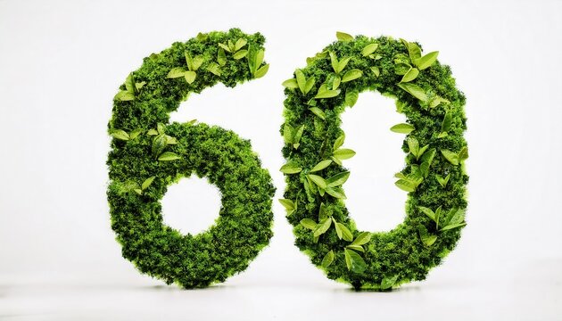Lush Green Number Sixty 60 Made from Fresh Leaves Symbolizing Sustainability, Nature Inspired Design, and Eco Friendly Concepts in Visual Art