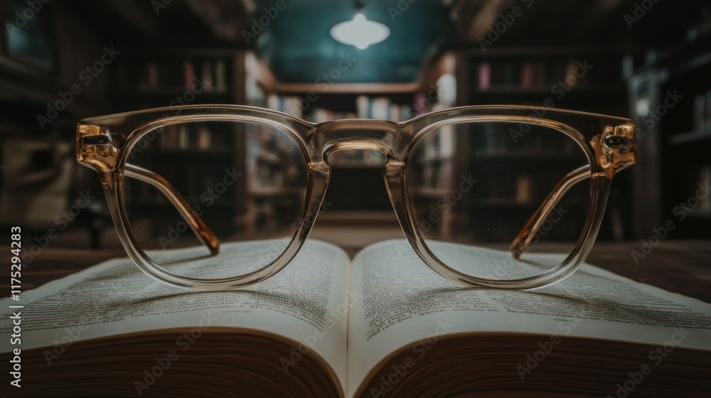 Poster spectacles on an open book in a library