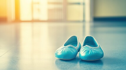 A Pair of Light Blue Satin Ballerina Shoes Resting on a Polished Floor
