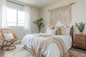 Beige bedroom with macrame wall hanging, wicker chair, and plants.