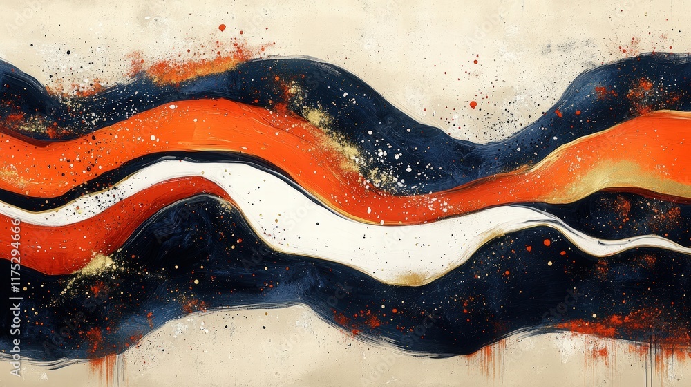 Poster abstract landscape with fluid lines in dark navy and orange hues creating a dynamic artistic represe