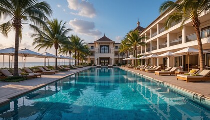 Fototapeta premium Tropical Paradise: A luxurious resort with a sparkling pool, surrounded by swaying palm trees and inviting lounge chairs, creates a tranquil oasis for relaxation and rejuvenation. 