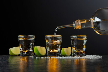 Tequila with lime and salt on a stone table.