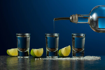 Tequila with lime and salt on a stone table.