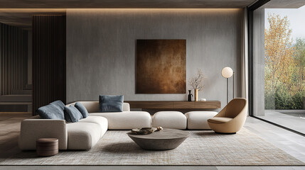 Japandi Minimalist Living Room with Blue Armchair and Beige Sofa