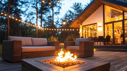 Cozy Outdoor Living Space with Fire Pit and String Lights at Dusk