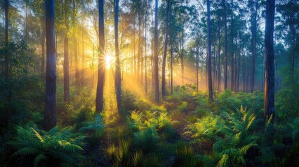 Obraz premium Sunbeams Illuminate Misty Forest Ferns and Trees
