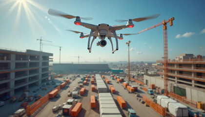 Drone Surveying a Construction Site with Cargo Trucks