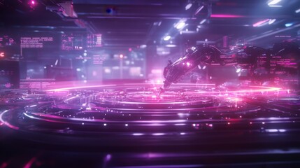 Futuristic Digital Landscape with Neon Lights and Holographic Displays Creating an Immersive Technological Environment Ideal for Sci-Fi Concepts and Themes