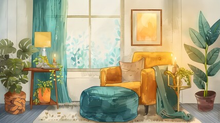 Cozy and Inviting Modern Living Room with Lush Greenery and Warm Color Accents Offering a Tranquil Retreat for Relaxation and Rejuvenation