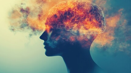 Creative representation of a human silhouette with a glowing brain, symbolizing innovative thinking, imagination, and the power of ideas through colorful explosions of energy and creativity.