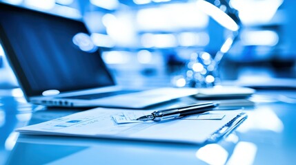 Blue Office Workspace: Laptop, Documents, and Pen