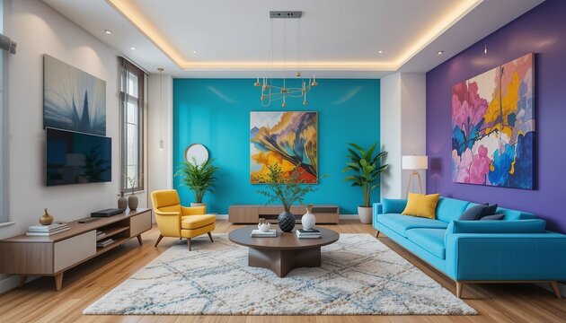 Vibrant Living Room Design: A modern living space with teal and purple accent walls, featuring contemporary furniture and artwork. The room exudes a sense of style and comfort. 