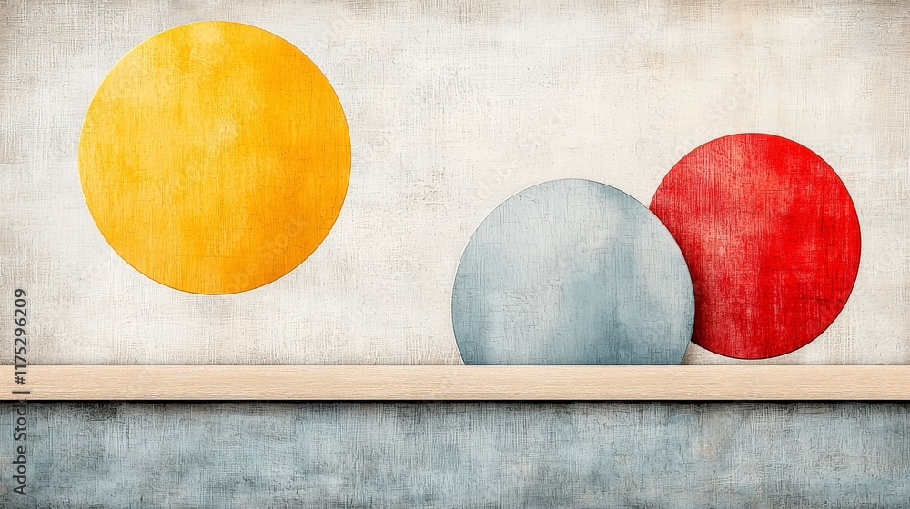 Poster abstract composition with yellow circle and red circle on textured background with wooden shelf