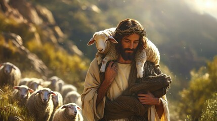Jesus Carrying Sheep in Heartwarming Illustration