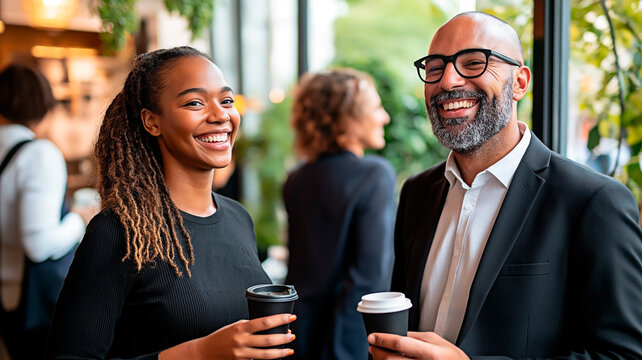 A cheerful man and woman engage in conversation while holding coffee cups during a professional networking event. Concept of collaboration, business relationships, and the value of informal discussion