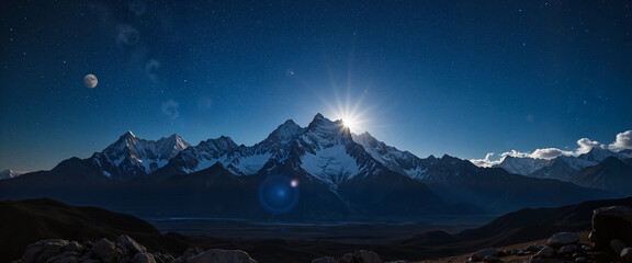 Stunning mountain peaks illuminated by moonlight under starry sky, natural beauty
