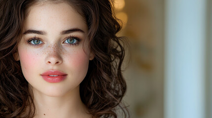Naklejka premium Beautiful young woman with curly hair and striking blue eyes, showcasing natural beauty and freckles