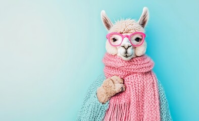 Obraz premium Llama in stylish sunglasses, placed on a monochromatic pastel backdrop, ideal for commercial and editorial ads with a surreal flair