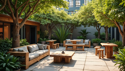 Fototapeta premium Cozy Outdoor Living Space Surrounded by Greenery