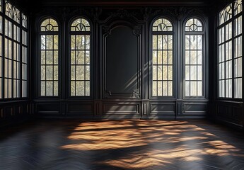 Black wall panel with dark wood floor in luxury mansion interior design