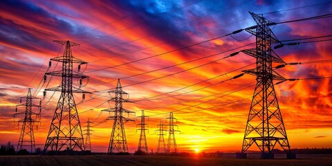 Sunrise Silhouette: Electric Pylons Power Lines Landscape Photography