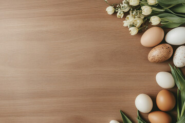 Obraz premium Colorful Easter Eggs and Flowers Arranged on a Wooden Surface for a Festive Celebration