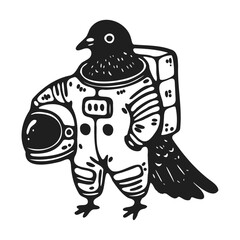 pigeon wearing an astronaut suit, spaceman bird funny illustration