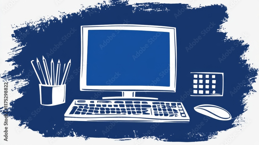 Poster stylized desktop computer setup with plant and peripherals