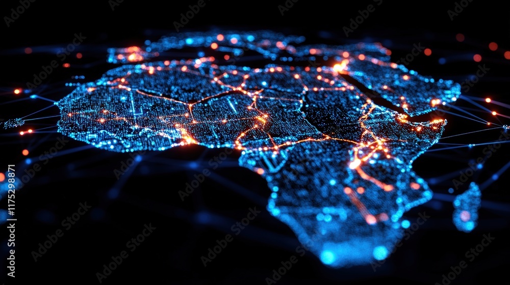 Poster digital map of africa featuring glowing data connections and network patterns, ideal for technology 