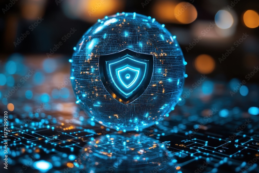 Poster digital security shield represented by a glowing sphere surrounded by network connections and data s