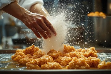 Fototapeta premium Chef Sprinkling Seasoning on Fried Chicken Nuggets