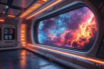 bright and futuristic spaceship interior illuminated by colorful lights with a large dark window showcasing a starry universe outside inviting exploration and adventure