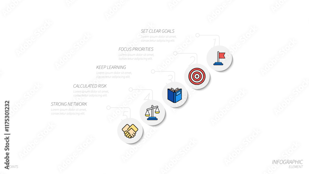 Poster infographic template with 5 points, explaining the steps to success. clean design with icons and num
