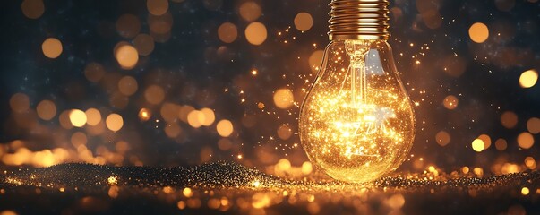 A brilliant gold light bulb with 2025 text and a burst of bright stars, countdown to a creative and prosperous future celebration