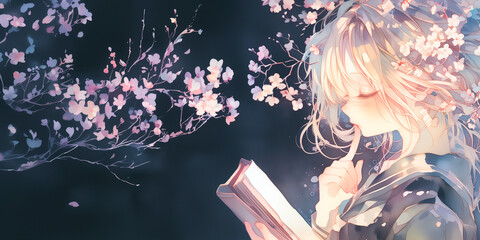 静かに本を読む女性。少女。水彩画。イラスト。挿絵。バナー素材。