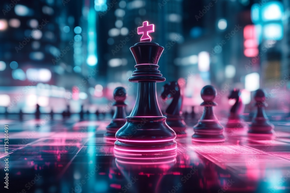 Aufkleber A 3D rendering of a futuristic chess knight, glowing with neon edges and placed on a holographic chessboard