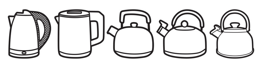 black and white line art of kitchen utensils, water cooker, teapot