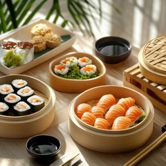 Sushi and Sashimi in Bamboo Steamers