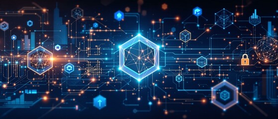 Fototapeta premium Blockchain Technology Concept, Revolutionizing Industries, Exploring the Boundless Potential of Blockchain Technology for Secure, Decentralized Transactions and Immutable Digital Data Management