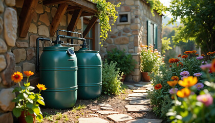 Green Water Tanks in Garden by Stone Cottage