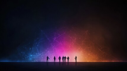 Silhouettes of Diverse Individuals Against a Colorful Abstract Background Representing Connection and Unity in a Digital Environment