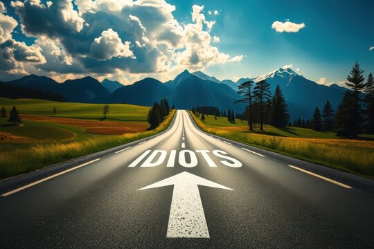 the road is empty and the word idiots is written on it