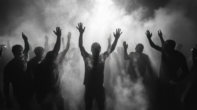 Silhouettes of crowds people holding hands up. wide photo peoples having fun during amazing music performance