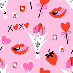 Valentine's Day seamless pattern with heart and other elements. Valentine's day, wedding and love concept. Vector background for wrapping paper, textile and others