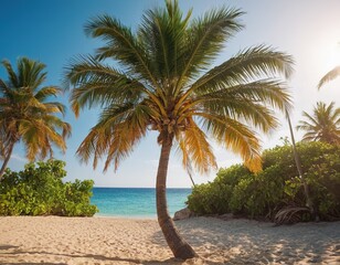 A tropical beach with palm trees, clear blue sky, and turquoise ocean in the background